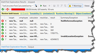 IntelliTrace Exploration Results pane