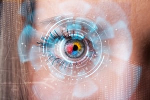 Future woman with cyber technology eye panel concept